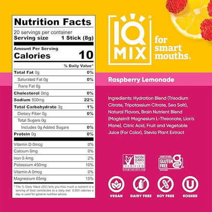 IQMIX Hydration Electrolyte Powder – 4-in-1 Formula for Hydration, Mental Clarity, Mood and Recovery – Sugar-Free Drink Mix, Keto, Magnesium L-Threonate, Lion’s Mane – 20 Count New Raspberry Lemonade
