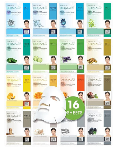 DERMAL Korean Collagen Face Mask ??Hydrating & Soothing Sheet Mask with Panthenol ??Hypoallergenic Calming Moisture Care for All Skin Types ??16 Combo Pack A