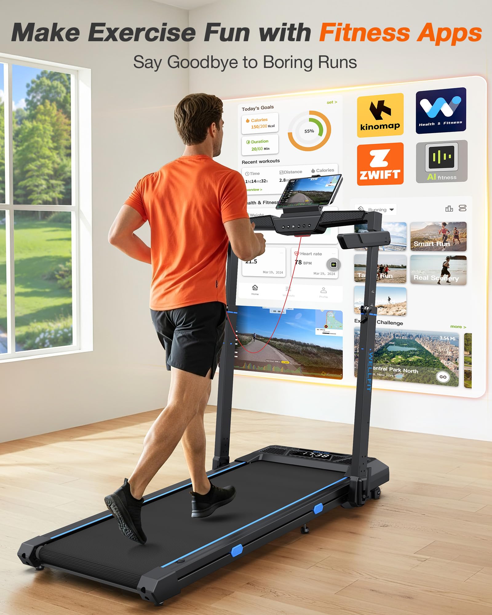 WELLFIT Foldable Treadmill with Auto Incline, 400+ LBS, Adjustable Height