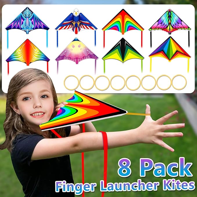 8 Pack Mini Kites for Boys Girls 3-5 6 7 8 Gift & Party Favors, Finger Launcher Kites Easy to Fly Ejection Kite for Kids Teens Ages 4-18 Beach Park Backyard Outdoor Sports Flying Toys