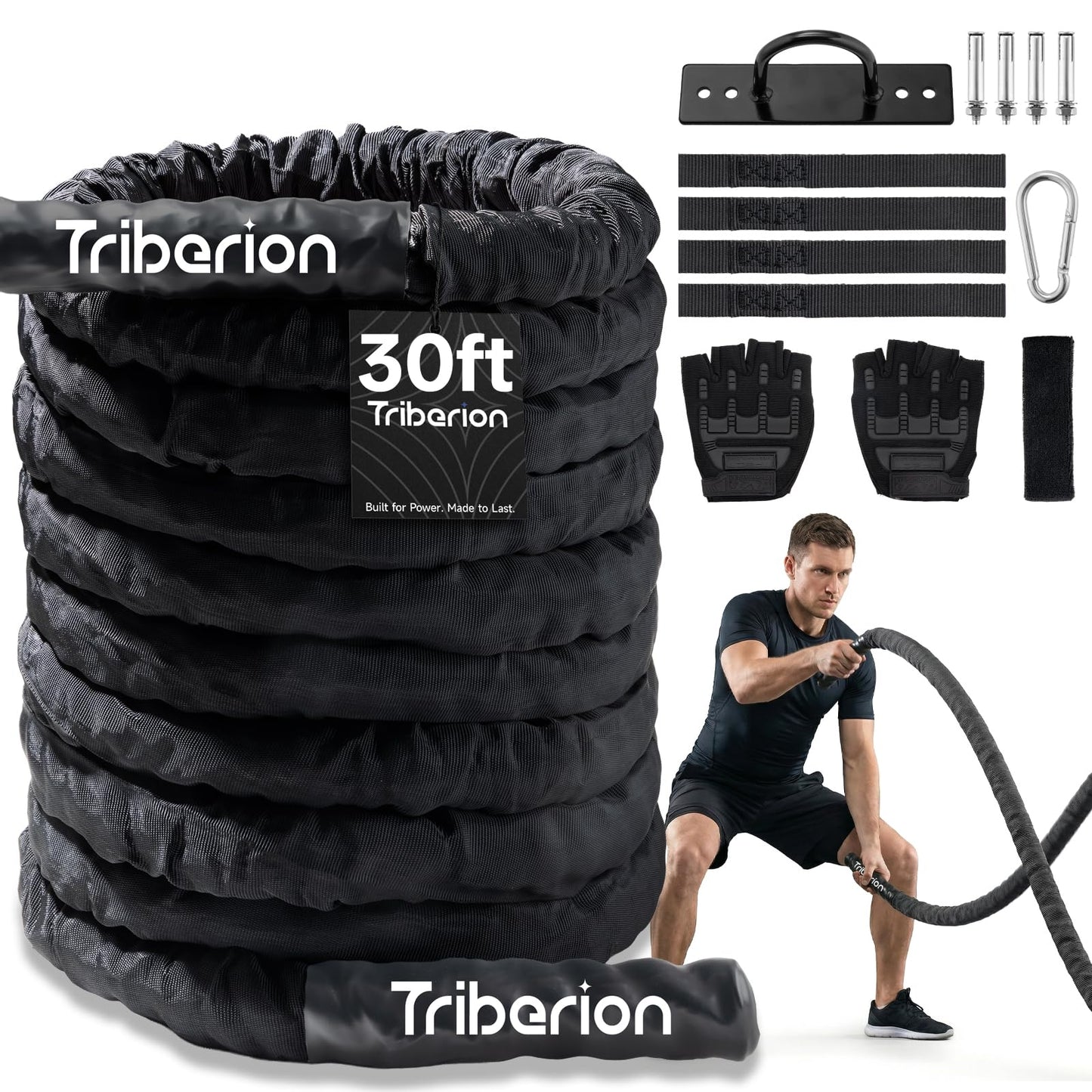 Battle Rope for Home Gym Workout - 1.5 Inch 30ft Heavy Weighted Training Exercise Ropes Fitness