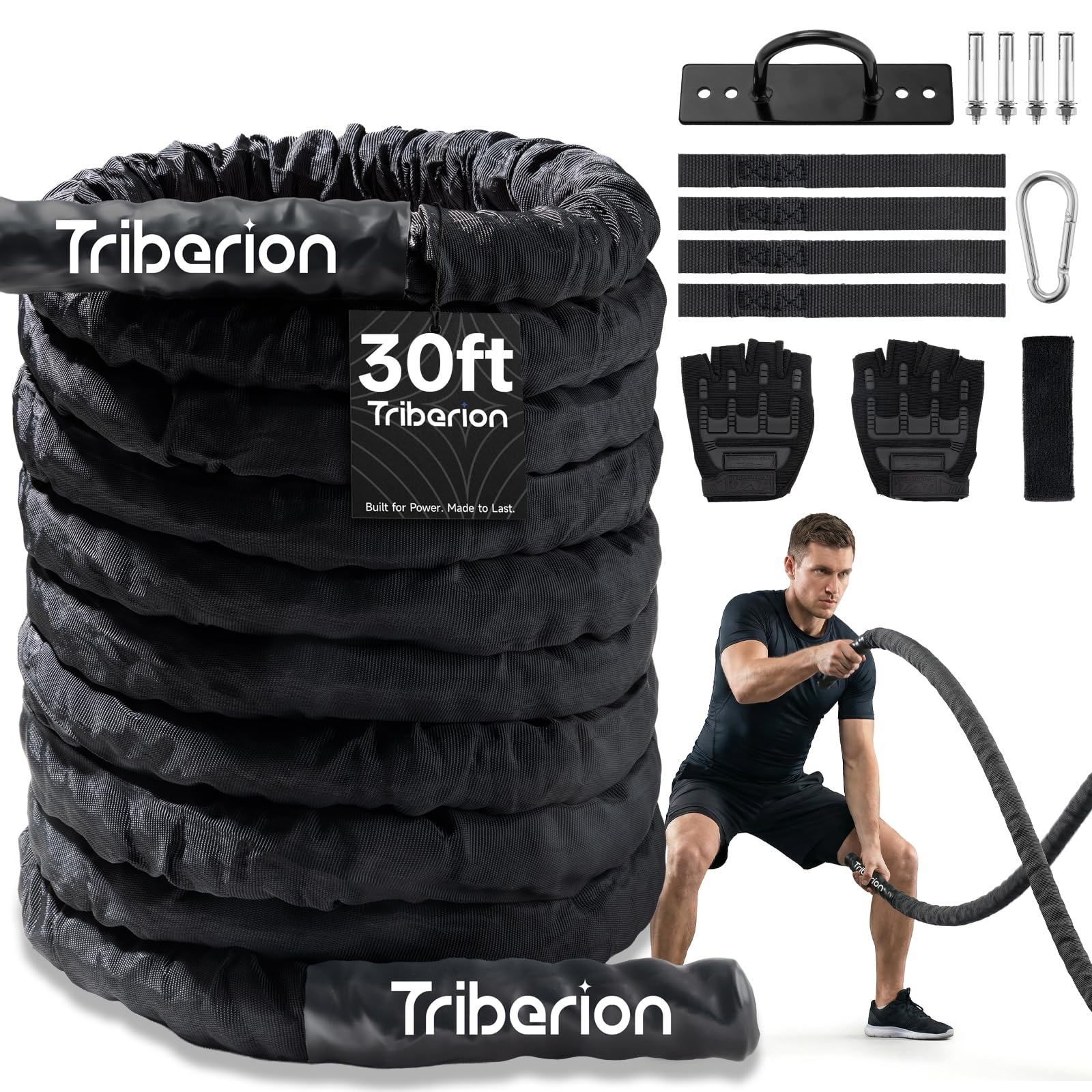 Battle Rope for Home Gym Workout - 1.5 Inch 30ft Heavy Weighted Training Exercise Ropes Fitness