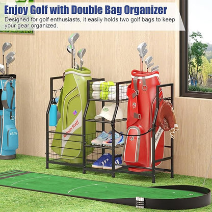 Sports Equipment Organizer Golf Bag Stand Golf Storage Organizer for Garage with Basket and Hooks, Storage Rack for 2 Golf Bag,Two Assembly Methods
