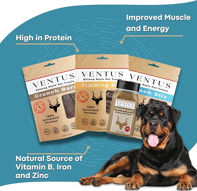 VENTUS Jerky Crunch Stix - Single Ingredient High Protein Dog Training Treats, Wild Venison, Air-Dried, Grain Free Training Treats for Dogs, 8 oz