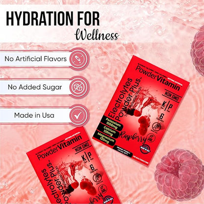 PowerVitamin Electrolytes Powder Packets - Raspberry - Keto Electrolytes for Energy - Hydration Powder with 1000mg Potassium, 120mg Magnesium, Zero Calories - 16 Hydration Packets