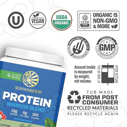 Sunwarrior Organic Plant Based Protein Powder | Vegan Organic Protein Powder Unflavored with BCAA Amino Acids & Hemp Seed Pea Blend | Non-GMO Soy Dairy Filler & Gluten Free (Unflavored, 15 Servings)