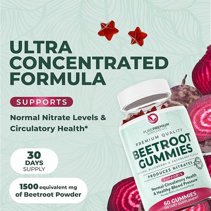 PurePremium Beet Root Gummies - 60 Sugar Free Chews (50:1 Equivalent 1500 mg) - Super Nitric Oxide Beetroot Gummies | Natural Blueberry Flavor - Supplements for Normal Blood Pressure
