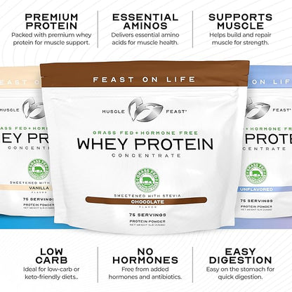 Muscle Feast Grass-Fed Whey Protein Concentrate Powder, All Natural, Hormone Free Pasture Raised Whey Protein Powder for Women & Men, Clean, Non-GMO & Gluten Free Whey Concentrate - Unflavored, 2lb