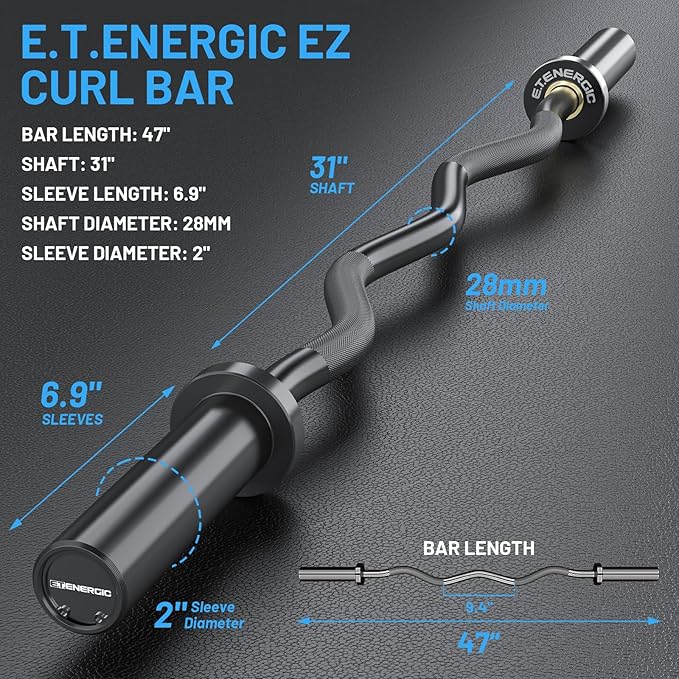 47" Olympic EZ Curl Bar 500-lbs Capacity Steel Barbell Suitable for 2" Weight Plates, 2-Inch Curl Bar for Weight Lifting,Hip Thrusts,Squat,Biceps-Home Gym Weight Bar