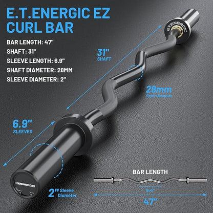 47" Olympic EZ Curl Bar 500-lbs Capacity Steel Barbell Suitable for 2" Weight Plates, 2-Inch Curl Bar for Weight Lifting,Hip Thrusts,Squat,Biceps-Home Gym Weight Bar
