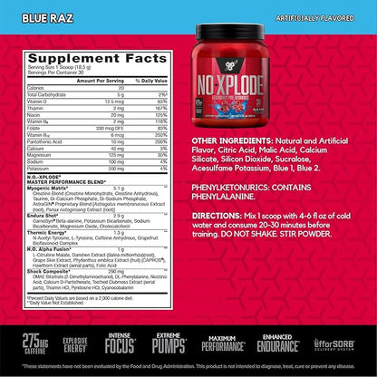BSN Workout Bundle of NO XPLODE Pre Workout Powder Blue Raz, 30 Servings AMINO X Muscle Recovery Intra Workout Support, Caffeine Free Blue Raz, 30 Servings