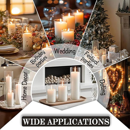 24 Pcs White Pillar Candles with Glass Candle Holder Hurricane Glass Candle Holders Clear Cylinder Vases for Centerpieces Wedding Office Party Home Table Decor