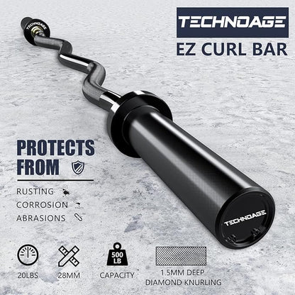 TECHNOAGE Olympic EZ Curl Bar, 47" Curl Bar(350/500LBS Capacity) 20LB, Solid Steel, Chrome Finish Barbell with Copper Sleeve and Bearing for 2-inch Plates, for Weight Lifting,Hip Thrusts,Squat,Biceps-Home Gym Weight Bar