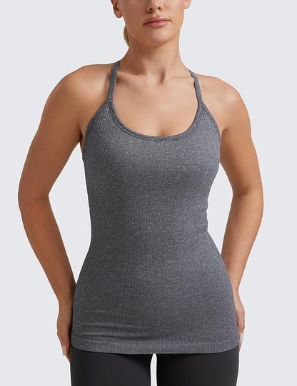 CRZ YOGA Seamless Workout Tank Tops for Women Racerback Athletic Camisole Sports Shirts with Built in Bra