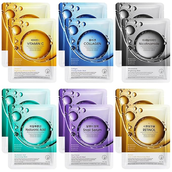 12 Pack Sheet Face Masks Skincare, Collagen Face Mask Hyaluronic Acid Hydrating Face Sheet Masks for Women Skin Care, Vitamin C Face Masks for All Skin Types, Moisturizing, Brightening, Anti-Aging