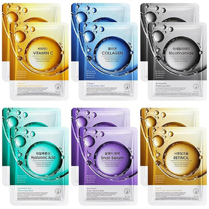 12 Pack Sheet Face Masks Skincare, Collagen Face Mask Hyaluronic Acid Hydrating Face Sheet Masks for Women Skin Care, Vitamin C Face Masks for All Skin Types, Moisturizing, Brightening, Anti-Aging