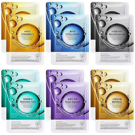 12 Pack Sheet Face Masks Skincare, Collagen Face Mask Hyaluronic Acid Hydrating Face Sheet Masks for Women Skin Care, Vitamin C Face Masks for All Skin Types, Moisturizing, Brightening, Anti-Aging