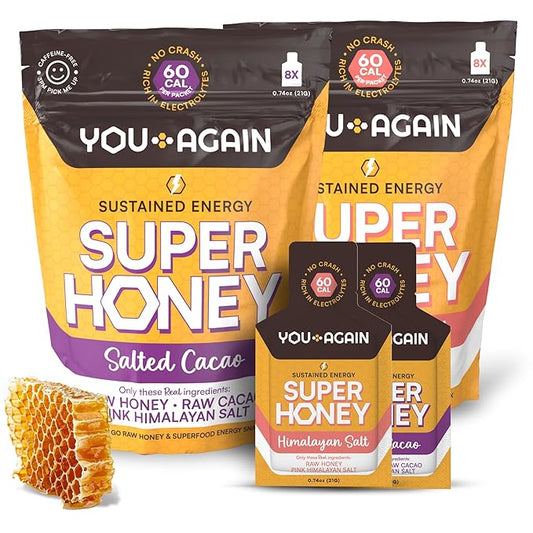 You Again Super Honey Clean Energy Gel, Variety Himalayan Salt & Salted Cacao | Electrolyte Replenishment Running Fuel | Endurance Workouts & Cycling Gel | Paleo & Carnivore Snack | USA Made | 16-Pk