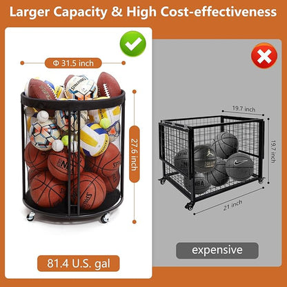 Ball Storage Bin for Garage, Balls Holder for Soccer, Basketball, Ball Cart, Rolling Basketball Rack for Outdoor, Indoor
