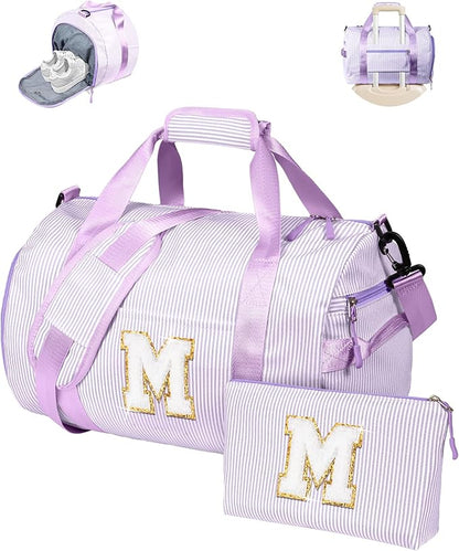 Trendy Gifts for Granddaughter, Girl Gym Bag, Kids Initial Overnight Duffel Bags with Shoe Compartment, Personalized Dance Bag with Makeup Pouch, Niece Girls Birthday Gift (Letter M)