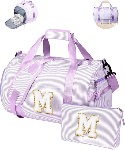 Trendy Gifts for Granddaughter, Girl Gym Bag, Kids Initial Overnight Duffel Bags with Shoe Compartment, Personalized Dance Bag with Makeup Pouch, Niece Girls Birthday Gift (Letter M)