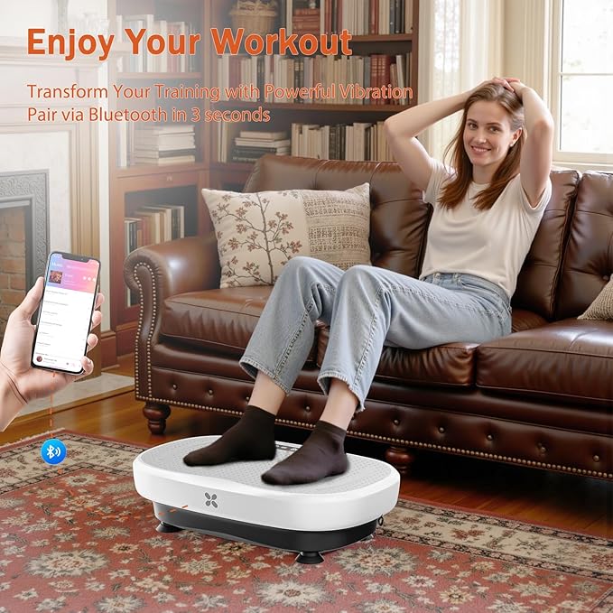 Vibration Plate Exercise Machine, Vibration Plate Platform with Bluetooth & Resistance Bands, Curved Design Full Body Workout Vibration Plate for Weight Loss, Muscle Recovery, Home