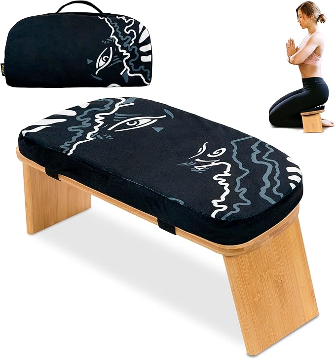 Bamboo Meditation Bench with Cushion - Foldable Bench for Multiple Seating Angles - Kneeling Chair Meditation Stool - Yoga Chair Prayer Bench for Deeper and Longer Meditation - Black