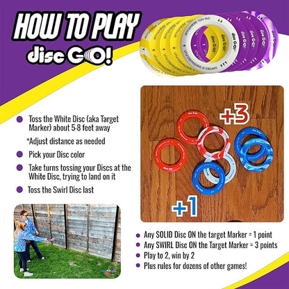 DiscGO! Game 9 Soft Silicone Discs, Play Indoor/Outdoor for Fun, Gift, Family, Camping, Parties, Tailgating, Team Building, Classroom, Portable Travel Games for Kids & Adults (Yellow, White & Purple)