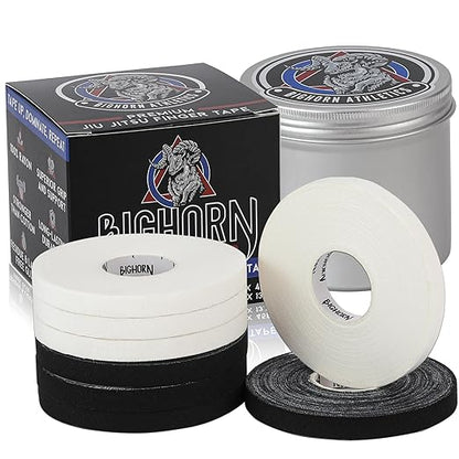 Bighorn Athletics Pro Series Jiu-Jitsu Finger Tape, 8-Rolls with Tin Holder, Enhanced Extra Strength, Residue-Free (0.3-Inch, Black/White)