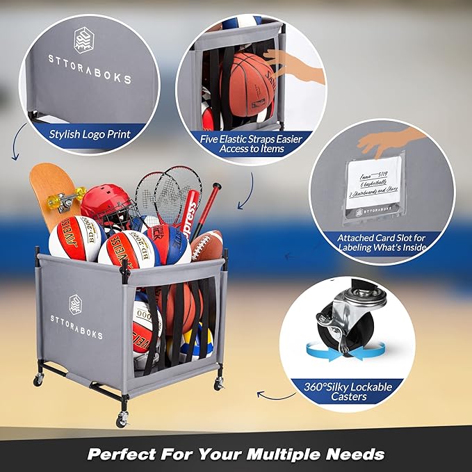 Sports Ball Storage Cart with Wheels, Lockable Ball Organizer Basket with Elastic Straps, Stackable Ball Cage for Garage Storage, Gym, Sports Equipment Storage Oxford Bin, Ball Case
