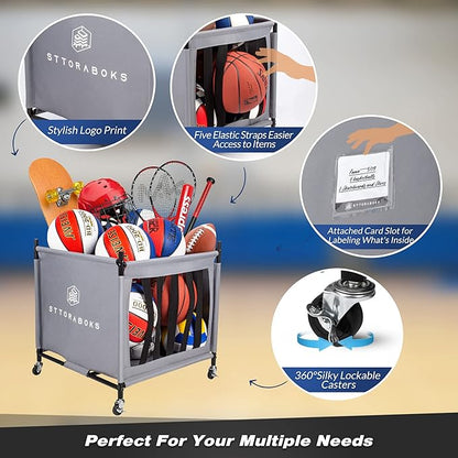 Sports Ball Storage Cart with Wheels, Lockable Ball Organizer Basket with Elastic Straps, Stackable Ball Cage for Garage Storage, Gym, Sports Equipment Storage Oxford Bin, Ball Case