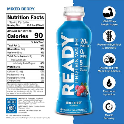 Ready Protein Water, 15g of Whey Protein Isolate, Sugar Free, 12-Pack, 16.9 Fluid Ounces Each (20g Protein, Mixed Berry)