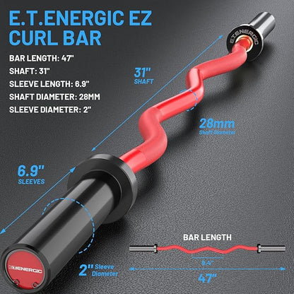 47" Olympic EZ Curl Bar 500-lbs Capacity Steel Barbell Suitable for 2" Weight Plates, 2-Inch Curl Bar for Weight Lifting,Hip Thrusts,Squat,Biceps-Home Gym Weight Bar