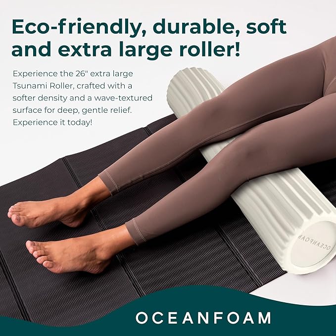 Oceanfoam Tsunami Roller (Natural) - Soft, Textured Foam Roller for Physical Therapy, Back Pain, Exercise & Stretching - Wave Textured - Yoga, Athletics, Wellness - Extra-Large 26" x 5.9"