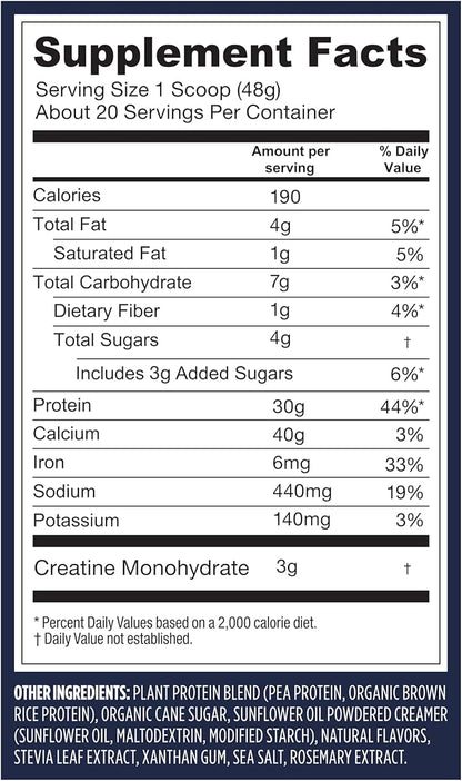 Vega Protein + Creatine - 30g Plant-Based Protein, Vanilla, 20 Servings, 3g Creatine, 5g BCAAs, Vegan, Keto, Gluten Free, Dairy Free, Low Carb, for Muscle Growth & Repair, Drink Mix, 33.9oz