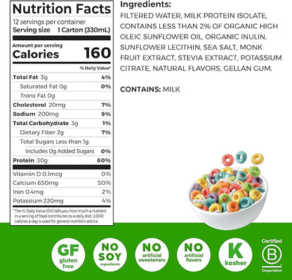 Orgain 30g High Protein Shake, Dairy Isolate Milk Protein, Fruity Cereal, 5g BCAAs, <1g Sugar Per Serving, Meal Replacement, Ready to Drink, Keto Friendly, Gluten-Free 11 Fl Oz (Pack of 12)
