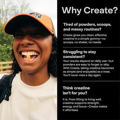 Create Creatine Monohydrate Gummies for Men & Women, Boost Focus, Strength, and Endurance, Anti-Melting Formula, Vegan, Gluten-Free, Non-GMO, 1.5g of Creatine per Gummy (Orange, 90 ct)