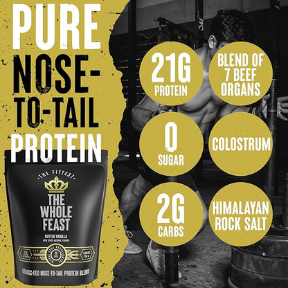 The Fittest Whole Feast Beef Protein Powder - Butter Vanilla - Grass Fed Nose to Tail Carnivore Blend Including Liver, Colostrum and Whole Bone - BCAAs - 14g Collagen - 21g Total Protein