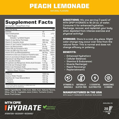 MTN OPS Hydrate Electrolytes Powder Drink Mix, Naturally Sweetened with Monk Fruit, Gluten Free 20 Single Serving On-The-Go Electrolyte Packs, Peach Lemoande