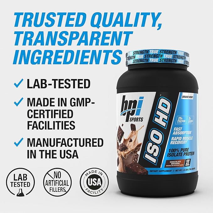 BPI Sports ISO HD Isolate Protein Powder ??100% Whey Isolate, Protein Powder for Muscle Gain - Chocolate Brownie - 1.6 Lb - 23 Servings