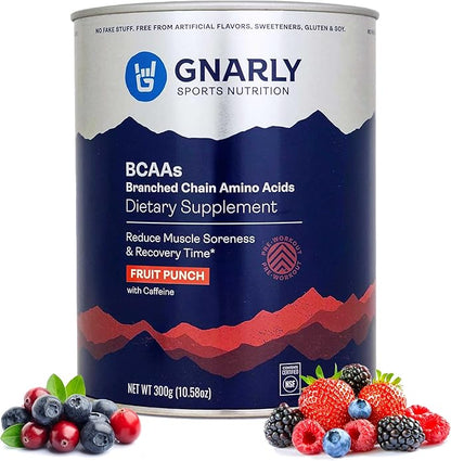 Gnarly Nutrition BCAA Powder, Fruit Punch ??Pre-Workout BCAAS Amino Acids ??NSF Sport Certified ??Supplement to Support and Rebuild Muscle ??Fruit Punch with Caffeine, 10.58 oz
