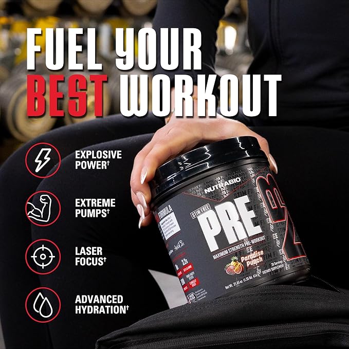 NutraBio STIM-Free PRE Workout for Men, New Formula | Laser Focus, Extreme Pumps | Performance, Endurance | 10g Citrulline, Beta Alanine, Nitrates, Nootropics, Electrolytes-20 Servings Paradise Punch