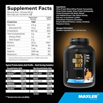 Maxler 100% Golden Whey Protein - 22g Protein per Serving - Premium Whey Protein Powder for Pre Post Workout - Fast-Absorbing Whey Concentrate Isolate Hydrolysate Blend - Chocolate Peanut Butter 5 lb
