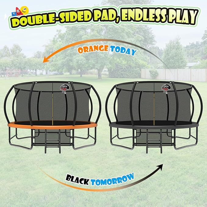 12 14 15 16FT Trampoline Outdoor with Basketball Hoop, Trampoline with Lights for Kids and Adults, Recreational Trampolin with Sprinkler, Stakes