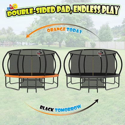 12 14 15 16FT Trampoline Outdoor with Basketball Hoop, Trampoline with Lights for Kids and Adults, Recreational Trampolin with Sprinkler, Stakes