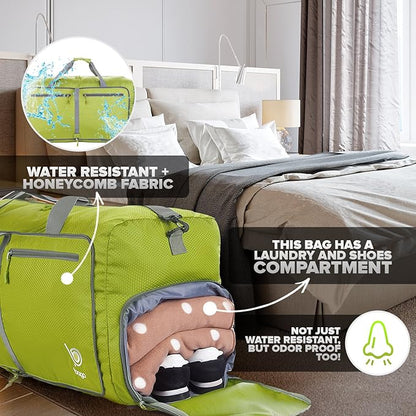 Bago Large Foldable Duffel Bags for Traveling Women & Men - 80L Packable Duffle Bag for Travel with Shoe Compartment - Water Repellant, Heavy Duty, Lightweight Folding & Collapsible (Green)