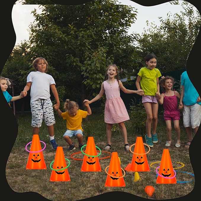 24 PcsHalloween Ring Toss Game Outdoor Carnival Party Games Include 6 Plastic Cones 18 Toss Rings for Halloween Party Games Indoor Outdoor Yard Activities