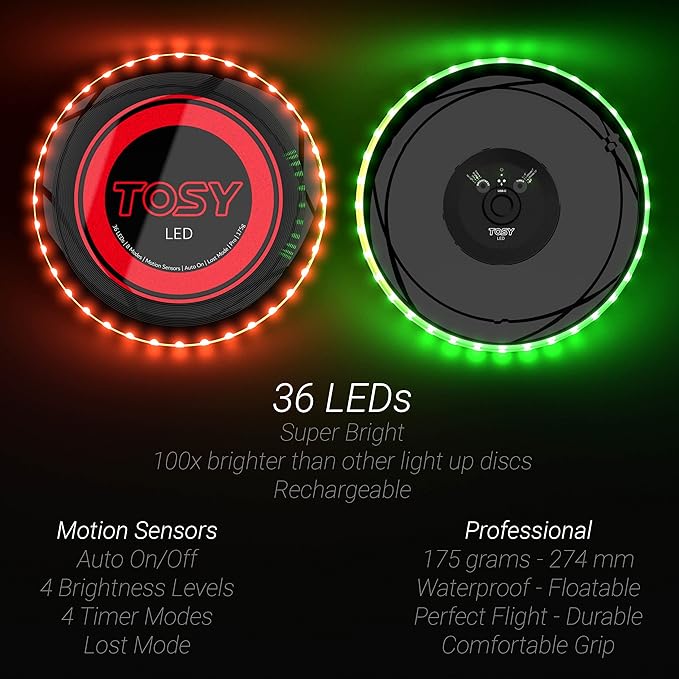 TOSY Bundle of 3-2X Red + Blue - Flying Disc 36 LEDs, Super Bright, Smart Modes, Auto Light Up, Rechargeable, Cool Fun Christmas, Birthday & Camping Gift for Men/Boys/Teens/Kids, 175g Frisbee