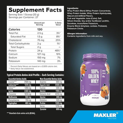 Maxler 100% Golden Whey Protein - 24g of Protein per Serving - Premium Whey Protein Powder for Pre Post Workout - Fast-Absorbing Whey Concentrate, Isolate & Hydrolysate Blend - Blueberry Muffin 2 lb