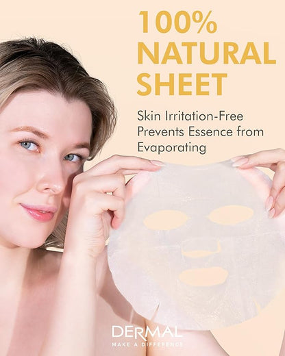 DERMAL Royal Jelly Collagen Essence Korean Facial Mask Sheet Pack of 10 - Intensive Moisture Therapy for Stress-Relief and Skin Elasticity - Hypoallergenic Skin Friendly Sheet